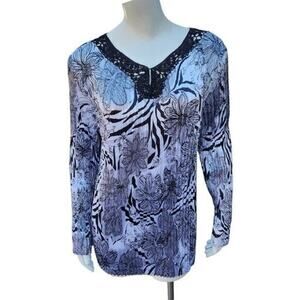 Multiples Blouse Size 1X Stretchable Vertical Pleating Floral Shiny Black